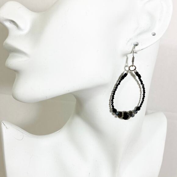 Fire polished black crystal earrings in Swarovski beaded teardrop loop dangle - Picture 2 of 4